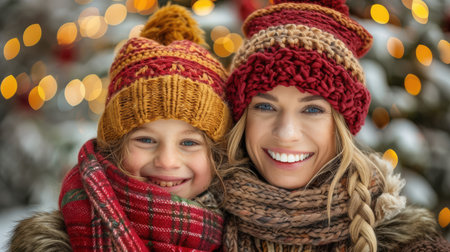 happy parents and children, friends celebrate Christmas and New Year in the warm atmosphere of a beautiful holiday. Lights on the Christmas tree in the background, balls and decorations.の素材