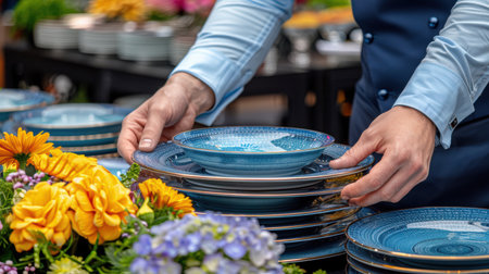 Still life served platters on festive dinner table while Christmas lights glowing in blurred background. festively set table for celebrating the New Year; beautiful dishes and decor on tableの素材
