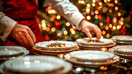 Still life served platters on festive dinner table while Christmas lights glowing in blurred background. festively set table for celebrating the New Year; beautiful dishes and decor on tableの素材