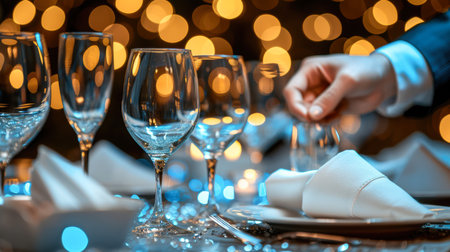 Still life served platters on festive dinner table while Christmas lights glowing in blurred background. festively set table for celebrating the New Year; beautiful dishes and decor on tableの素材