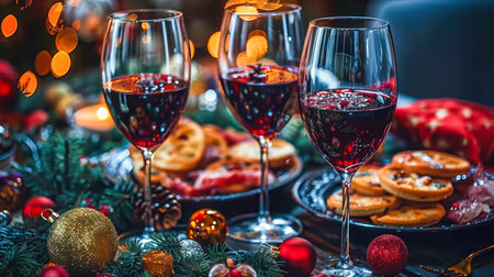 Still life served platters on festive dinner table while Christmas lights glowing in blurred background. festively set table for celebrating the New Year; beautiful dishes and decor on tableの素材