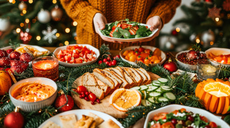 Still life served platters on festive dinner table while Christmas lights glowing in blurred background. festively set table for celebrating the New Year; beautiful dishes and decor on tableの素材