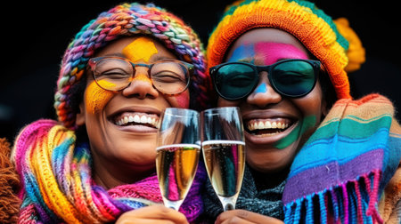 Young happy lesbian lgbtq couple of women friends together, having fun together.の素材