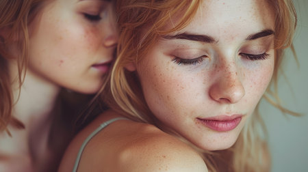 Young happy lesbian lgbtq couple of women friends together, having fun together.の素材