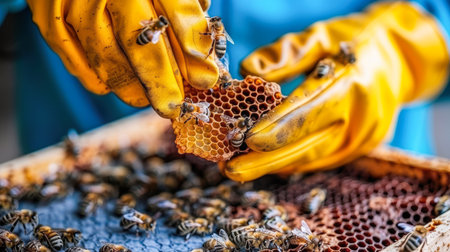 close-up of a honey bee in the process of collecting honey on a flower and on a honeycombの素材
