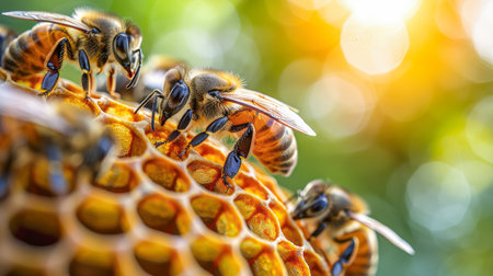 close-up of a honey bee in the process of collecting honey on a flower and on a honeycombの素材