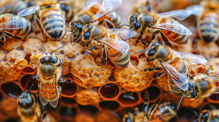 close-up of a honey bee in the process of collecting honey on a flower and on a honeycombの素材