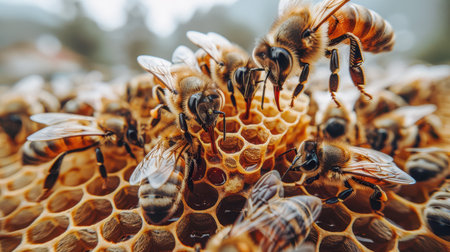 close-up of a honey bee in the process of collecting honey on a flower and on a honeycombの素材