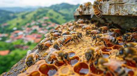 close-up of a honey bee in the process of collecting honey on a flower and on a honeycombの素材