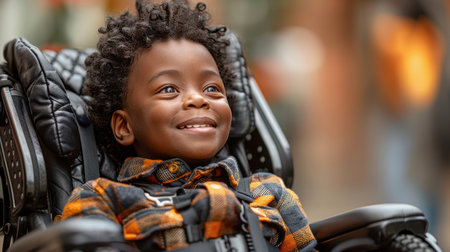 a man, girl, child in a wheelchair listens to music through headphones outdoors at sunset. Problems of loneliness and disabilities of people in a wheelchairの素材