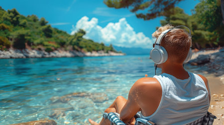 a man, girl, child in a wheelchair listens to music through headphones outdoors at sunset. Problems of loneliness and disabilities of people in a wheelchairの素材