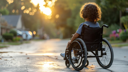 a man, girl, child in a wheelchair listens to music through headphones outdoors at sunset. Problems of loneliness and disabilities of people in a wheelchairの素材