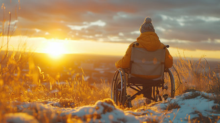 a man, girl, child in a wheelchair listens to music through headphones outdoors at sunset. Problems of loneliness and disabilities of people in a wheelchairの素材
