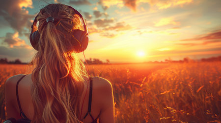 a man, girl, child in a wheelchair listens to music through headphones outdoors at sunset. Problems of loneliness and disabilities of people in a wheelchairの素材