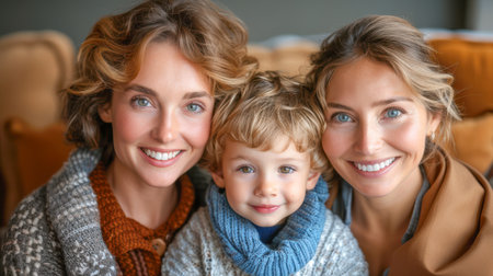 happy female couple with their sweet adopt daughter baby at homeの素材
