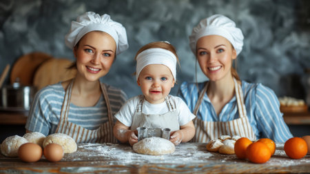 happy female couple with their sweet adopt daughter baby at homeの素材