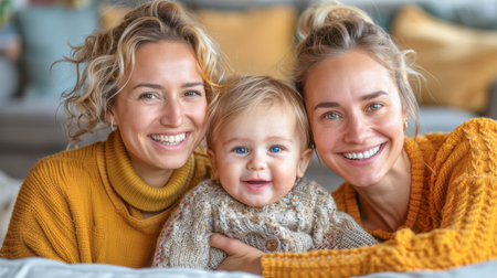 happy female couple with their sweet adopt daughter baby at homeの素材