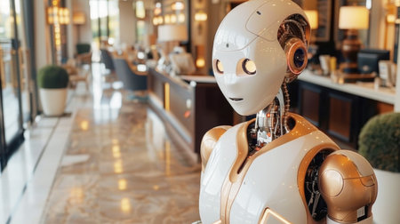 Futuristic Mechanized industry robot and robotic arms for assembly production. Concept of artificial intelligence for industrial revolution and automation manufacturing process.の素材