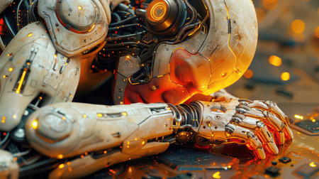 Futuristic Mechanized industry robot and robotic arms for assembly production. Concept of artificial intelligence for industrial revolution and automation manufacturing process.の素材