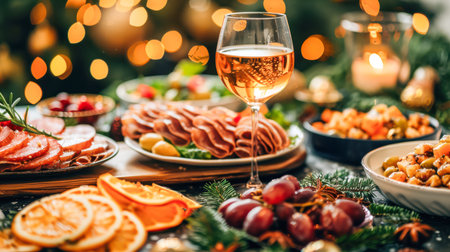 Still life served platters on festive dinner table while Christmas lights glowing in blurred background. festively set table for celebrating the New Year; beautiful dishes and decor on tableの素材