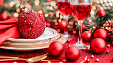 Still life served platters on festive dinner table while Christmas lights glowing in blurred background. festively set table for celebrating the New Year; beautiful dishes and decor on tableの素材