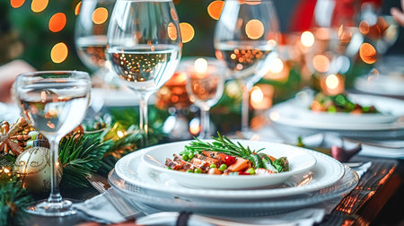 Still life served platters on festive dinner table while Christmas lights glowing in blurred background. festively set table for celebrating the New Year; beautiful dishes and decor on tableの素材