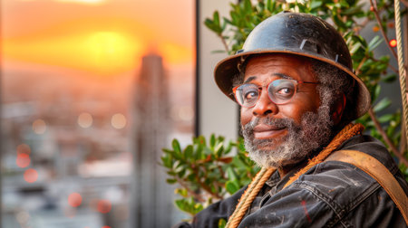 portrait of a smiling man in work clothes and a hard hat. He is a lumberjack, construction manager or engineer at his workplaceの素材