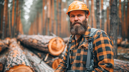 portrait of a smiling man in work clothes and a hard hat. He is a lumberjack, construction manager or engineer at his workplaceの素材