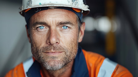 portrait of a smiling man in work clothes and a hard hat. He is a lumberjack, construction manager or engineer at his workplaceの素材