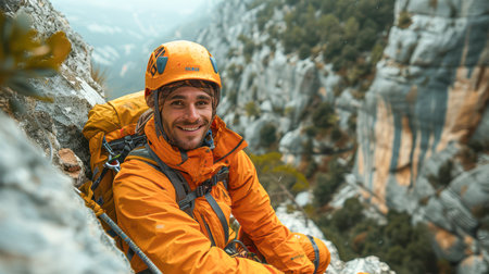 portrait of a smiling man in work clothes and a hard hat. He is a lumberjack, construction manager or engineer at his workplaceの素材