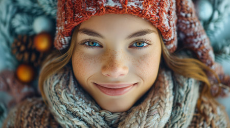 happy young beautiful woman mother with a small child in her arms hugging celebrate New Year and Christmas in a festive atmosphereの素材