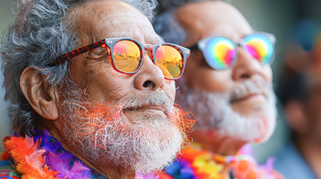 a couple of happy older gay men at a gay parade in smart clothes. There are rainbow flags and happy laughing people all around them.の素材