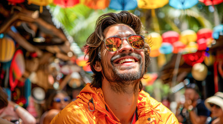 happy people celebrating and having fun at the carnival among colorful decorations in a festive cheerful atmosphereの素材