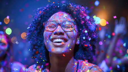 happy people celebrating and having fun at the carnival among colorful decorations in a festive cheerful atmosphereの素材