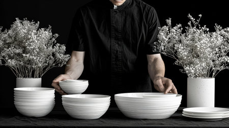 Luxury banquet Set dining table with white plates, glasses, and silverware ready for festiveの素材