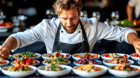 Luxury banquet Set dining table with white plates, glasses, and silverware ready for festiveの素材