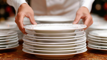 Luxury banquet Set dining table with white plates, glasses, and silverware ready for festiveの素材