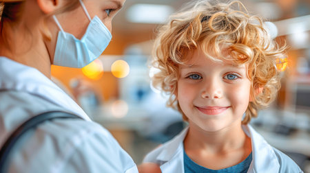 medical specialist at work. a man in white clothes smiles. Portrait of a doctor in a white coat with a stethoscope with patient in modern clinic hospital. Medical healthcare concept.の素材