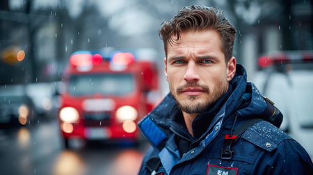 a team of professional paramedics rushes to help. People in red uniforms. Big special blurred ambulance car races through bustling streets of City, beacon of hope and help in times of need.の素材