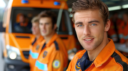 a team of professional paramedics rushes to help. People in red uniforms. Big special blurred ambulance car races through bustling streets of City, beacon of hope and help in times of need.の素材