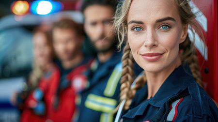 a team of professional paramedics rushes to help. People in red uniforms. Big special blurred ambulance car races through bustling streets of City, beacon of hope and help in times of need.の素材