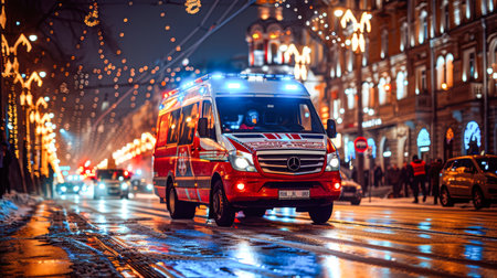 a team of professional paramedics rushes to help. People in red uniforms. Big special blurred ambulance car races through bustling streets of City, beacon of hope and help in times of need.の素材