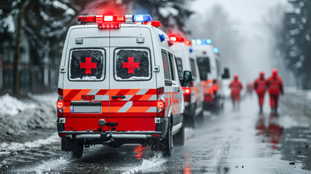 Big special blurred ambulance car races through bustling streets of City, beacon of hope and help in times of need.の素材