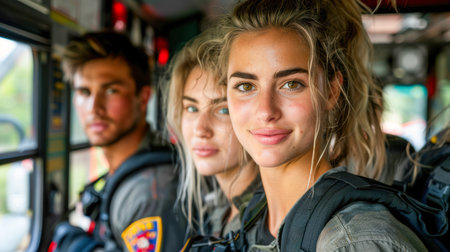 a team of professional paramedics rushes to help. People in red uniforms. Big special blurred ambulance car races through bustling streets of City, beacon of hope and help in times of need.の素材
