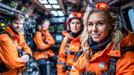 a team of professional paramedics rushes to help. People in red uniforms. Big special blurred ambulance car races through bustling streets of City, beacon of hope and help in times of need.の素材