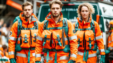 a team of professional paramedics rushes to help. People in red uniforms. Big special blurred ambulance car races through bustling streets of City, beacon of hope and help in times of need.の素材
