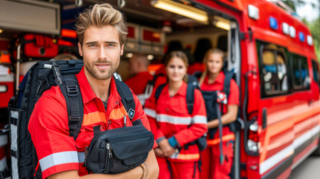 a team of professional paramedics rushes to help. People in red uniforms. Big special blurred ambulance car races through bustling streets of City, beacon of hope and help in times of need.の素材