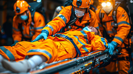 a team of professional paramedics rushes to help. People in red uniforms. Big special blurred ambulance car races through bustling streets of City, beacon of hope and help in times of need.の素材