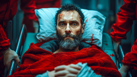 a team of professional paramedics rushes to help. People in red uniforms. Big special blurred ambulance car races through bustling streets of City, beacon of hope and help in times of need.の素材