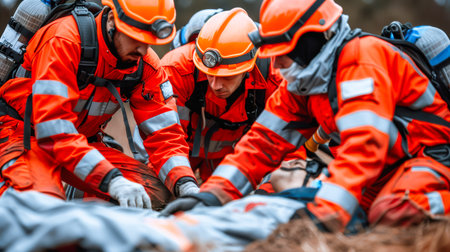 a team of professional paramedics rushes to help. People in red uniforms. Big special blurred ambulance car races through bustling streets of City, beacon of hope and help in times of need.の素材